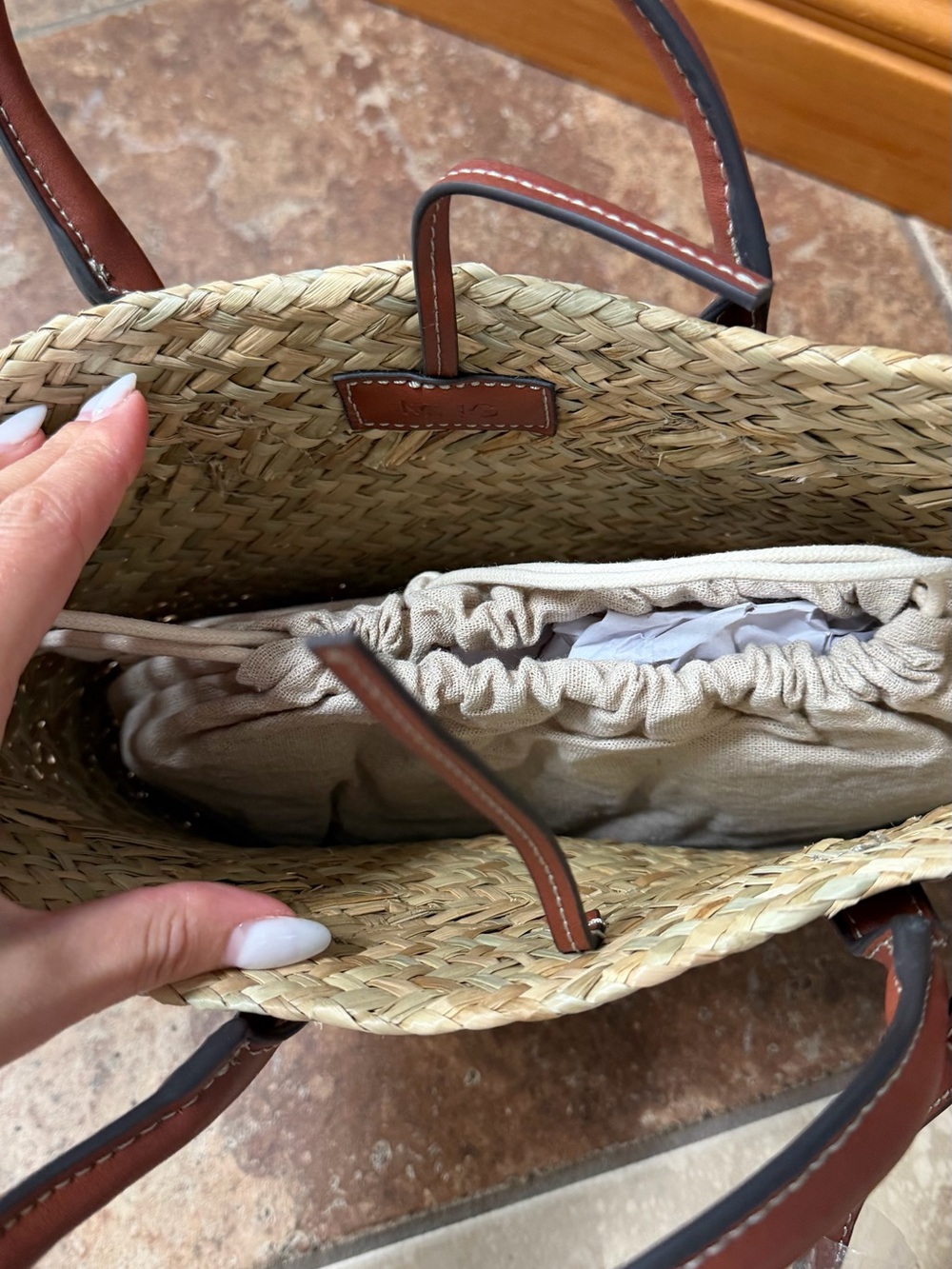 Mango Natural Woven Tote with Brown Leather Handles - Picture 3 of 5